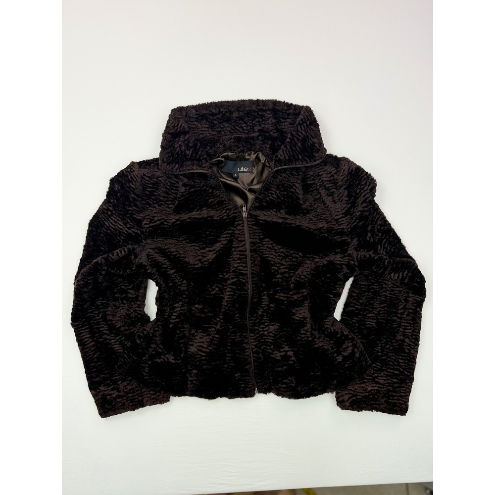 Utex Vintage Brown Faux Fur Zip Up Jacket Rippled Texture High Neck Coat Large - Picture 3 of 10